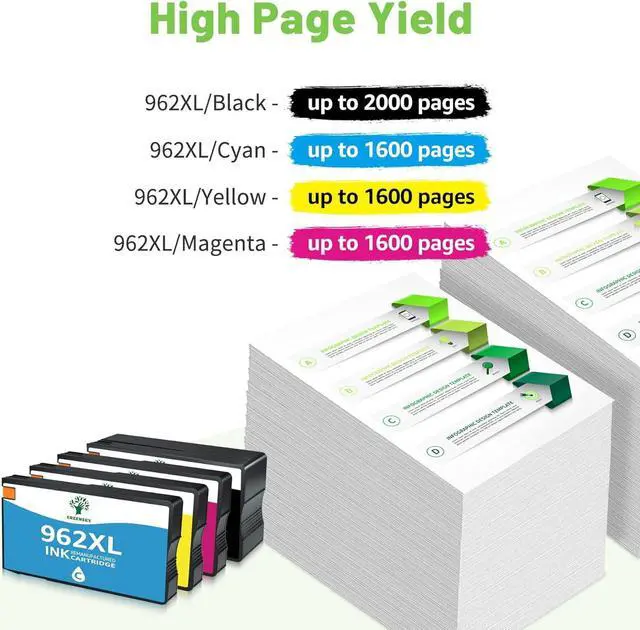 Alt view image 3 of 7 - GREENSKY Remanufactured Ink Cartridge Replacement 962XL 962 XL High Yield OfficeJet Pro 9010 9015 9025 9018 9020 9012 9019 9016 9014 9027 9029 9026 9022 9028 Printer Ink (4 Combo Pack)