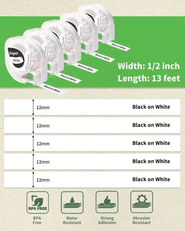 Alt view image 7 of 7 - Paper Label Tape Replacement for Dymo Label Maker Refills, Label Maker Tape Work with Dymo LetraTag LT-100H, LT-100H Plus, XR, XM Phomemo P12, Phomemo P12-PRO, 12mm x 4m 1/2 x 13, Black on White