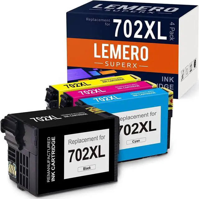 Main image of LemeroSuperx 702XL Remanufactured Ink Cartridge Replacement for Epson 702 702XL for Workforce Pro WF-3720 WF-3730 WF-3733 Printer (1 Black, 1 Cyan, 1 Magenta, 1 Yellow, 4 Pack)
