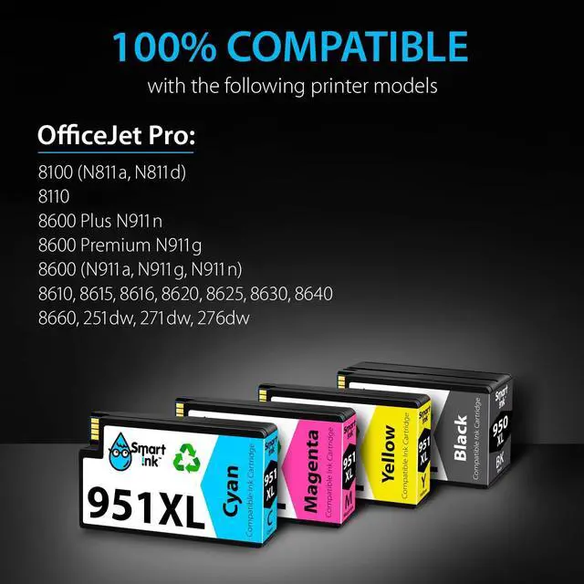 Alt view image 3 of 7 - Smart Ink Compatible Ink Cartridge Replacement  950XL 951XL 950 XL 951 XL 4 Pack Combo to use with Officejet Pro 8600 plus 8610 8620 8100 8625 8630 Printers (1 Black & 1 Cyan 1 Magenta 1 Yellow)