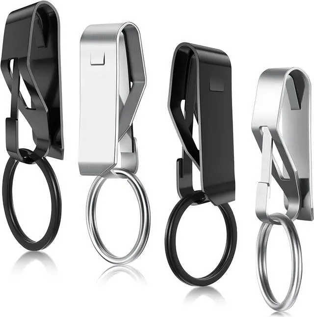 Main image of Moxweyeni 4 Pieces Belt Key Clip Key Holder, Black, Silver | Metal Clip Keychain Security Hook, Quick Access Rings for Work Office, Stainless Steel Build, Hands-free Carrying