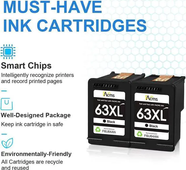 Alt view image 4 of 7 - FAcms Remanufactured 63xl Black Ink Cartridge Replacement  63 63XL  OfficeJet 3830 5255 5258 Envy 4520 4512 4513 4516 DeskJet 1112 1110 3630 3632 3634 2130 2132 Printer (2 Black)