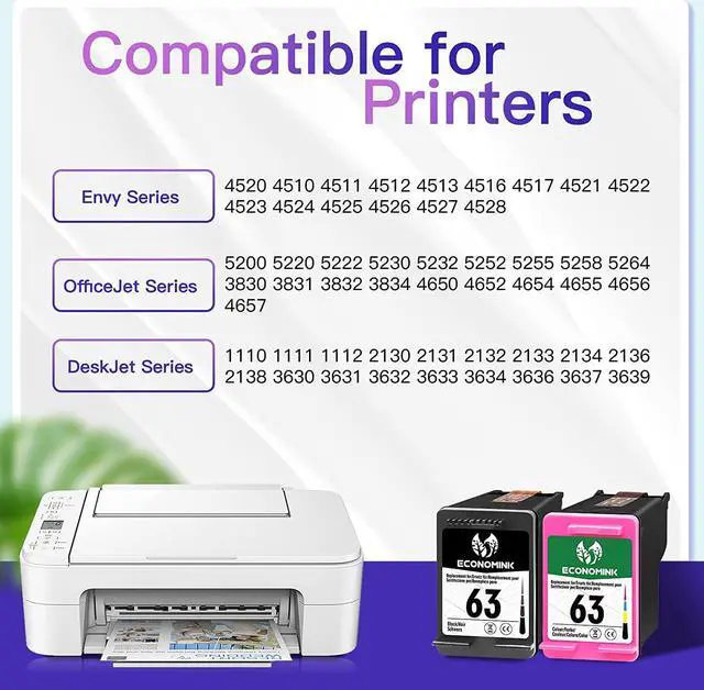 Alt view image 3 of 7 - Economink Remanufactured Ink Cartridge Replacement Ink 63 Compatible with OfficeJet 3830 5255 5258 4650 4652 4655 Envy 4520 4512 4513 4516 DeskJet 1112 2130 3630 3632 3634 2130 2132 Printer