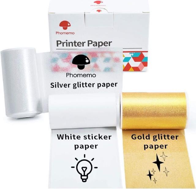 Phomemo 3 Roll Adhesive Thermal Sticker Paper,White/Gold Glitter/Silver  Glitter Thermal Paper,for Phomemo M02/M02 Pro/M02S/M03/M03AS/M04S Mini  Bluetooth Pocket Printer, 50mm-53mm Width,3.5m Length 