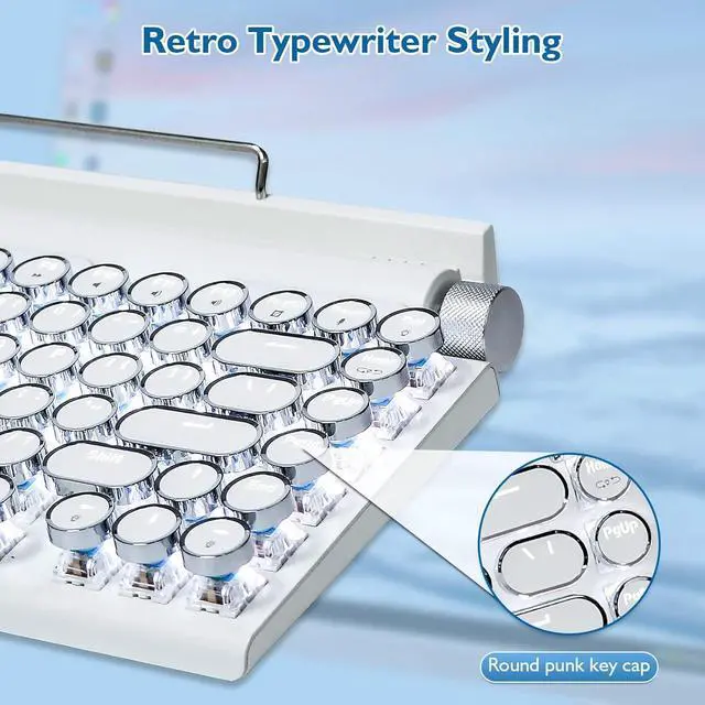 Alt view image 2 of 6 - Adventurers Retro Typewriter Keyboard, 75% Layout 83 Keys Wireless Keyboard with Blue Switch,Bluetooth 5.0 and Multi-Device Switching,Vintage Punk Style,Hot-Swappable for PC/Laptops/Mac/ipad-White