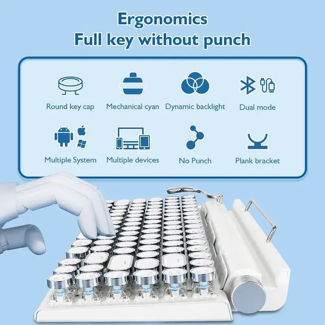 Alt view image 5 of 6 - Adventurers Retro Typewriter Keyboard, 75% Layout 83 Keys Wireless Keyboard with Blue Switch,Bluetooth 5.0 and Multi-Device Switching,Vintage Punk Style,Hot-Swappable for PC/Laptops/Mac/ipad-White