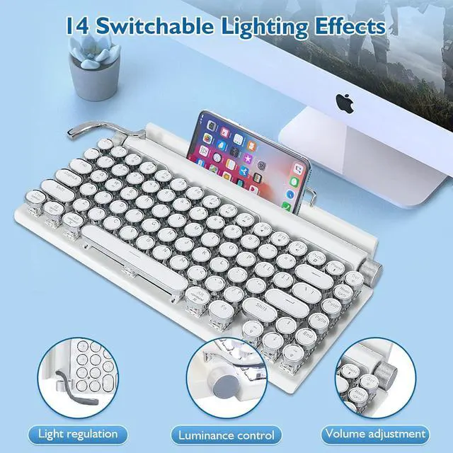 Alt view image 3 of 6 - Adventurers Retro Typewriter Keyboard, 75% Layout 83 Keys Wireless Keyboard with Blue Switch,Bluetooth 5.0 and Multi-Device Switching,Vintage Punk Style,Hot-Swappable for PC/Laptops/Mac/ipad-White