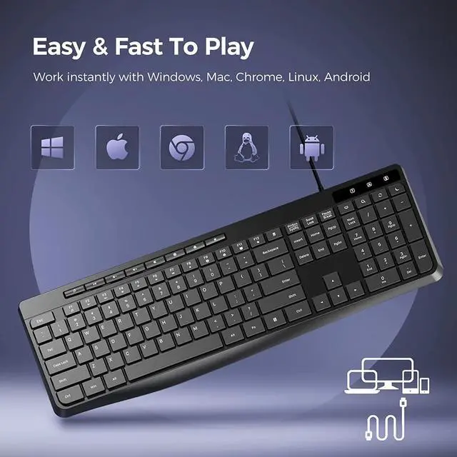Alt view image 7 of 7 - Wired Keyboard,Quiet Keyboard, Multimedia USB Computer Keyboard, Silent Keyboardwith Low Profile Chiclet Keys,Large Number Pad,Spill-Resistant,Anti-Wear Letters,Full Size for Laptop,Desktop
