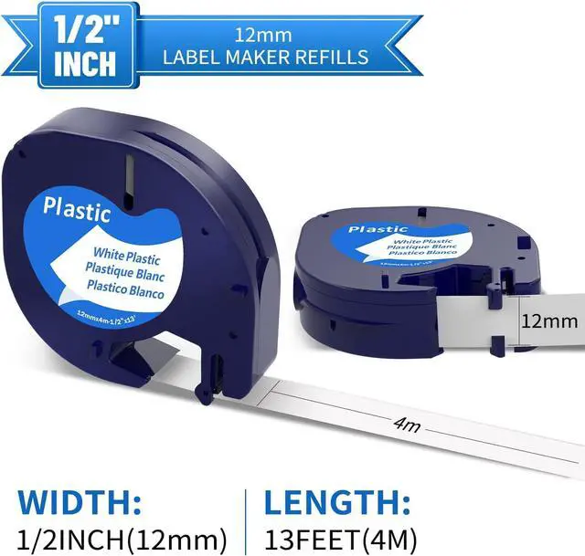 Alt view image 2 of 7 - COLORWING Replacement for Dymo Letratag Labeling Refills Plastic Label Tape 12mm x 4m for Letra Tag LT100H LT100T QX50 Label Maker91331 91332 91333 91334 91335 (1/2" x 13')5-Pack