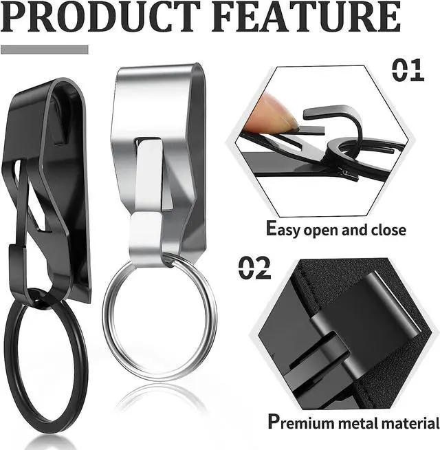 Alt view image 3 of 7 - Moxweyeni 4 Pieces Belt Key Clip Key Holder, Black, Silver | Metal Clip Keychain Security Hook, Quick Access Rings for Work Office, Stainless Steel Build, Hands-free Carrying