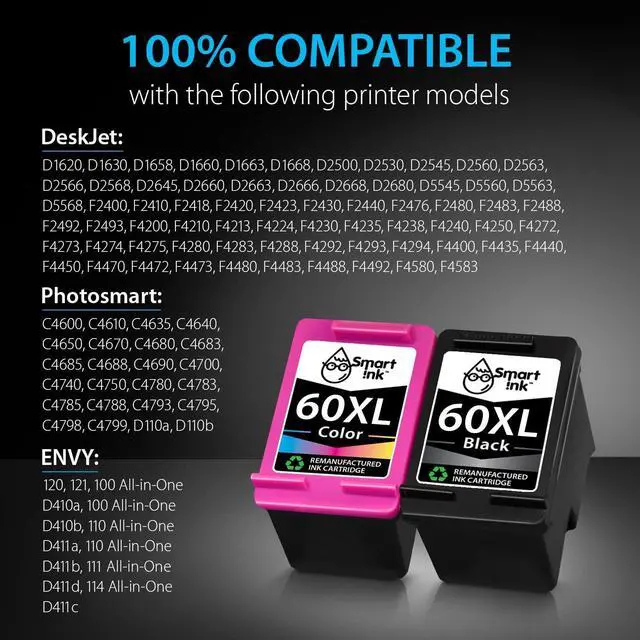 Alt view image 3 of 7 - Smart Ink Remanufactured Ink Cartridge Replacement  60 XL 60XL (Black & Color Combo Pack) to use with Deskjet D2530 D2545 F2430 F4440 Envy 100 110 120 Photosmart C4640 C4650 C4680 C4780 C4795