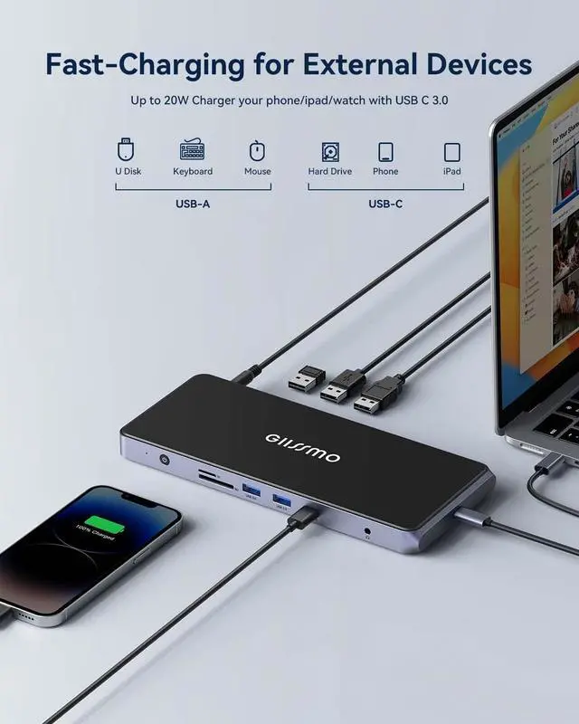 Alt view image 6 of 6 - USB C Docking Station Dual Monitor for Windows and Mac, GIISSMO 13-in-1 Laptop Docking Station Dual 4K HDMI and Displayport (HDMI 1/DP+HDMI 2), 20W Charging, RJ45, USB 3.0/2.0, Audio, TF/SDBlack
