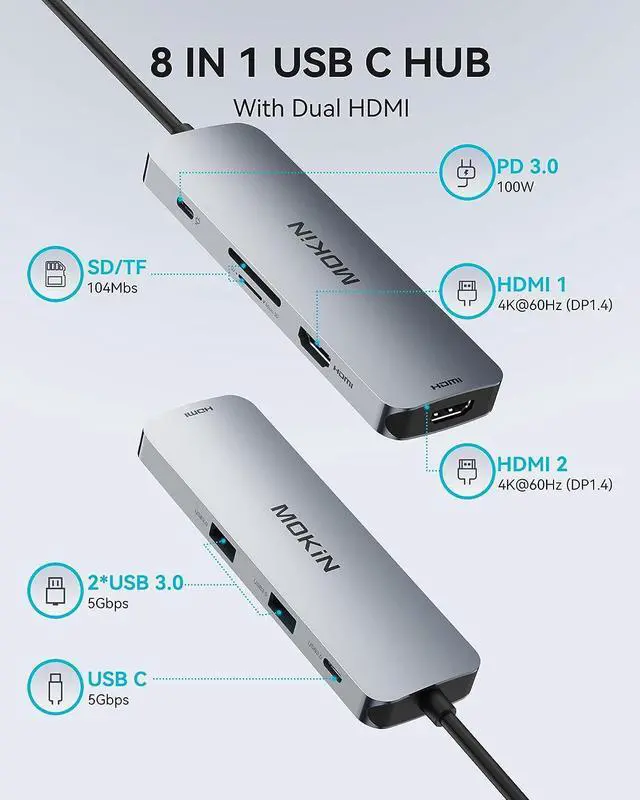 Alt view image 2 of 7 - MOKiN USB C Docking Station Dual Monitor, USB C to Dual HDMI Adapter, 8 in 1 Laptop Docking Station with 2 HDMI(4K @60Hz), PD Charging, USB A&C 3.0 Ports, SD/TF for /HP/Lenovo/Surface/Yoga etc
