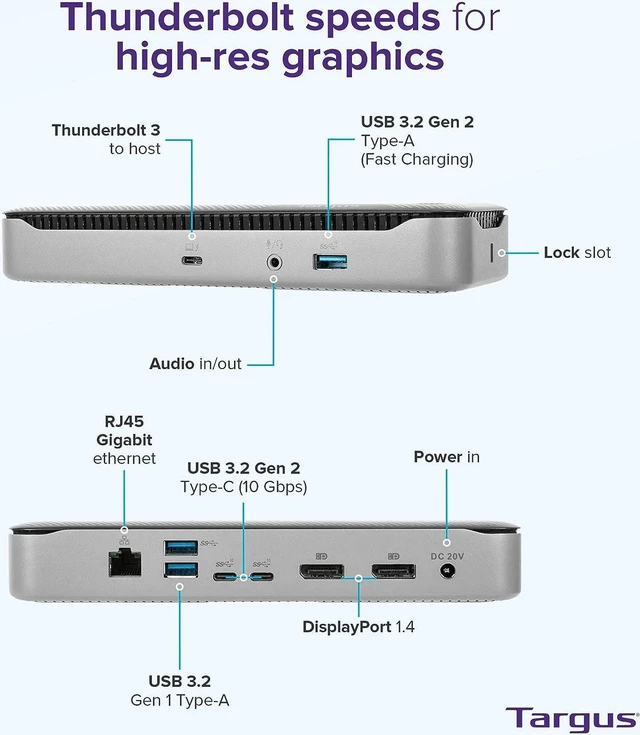 Alt view image 3 of 7 - Targus USB C Docking Station, Thunderbolt 3 DV4K Docking Station Dual Monitor 85W PD, USB C Laptop Docking Station, Ethernet, 5 Port USB Docking Station for Mac, 2 DisplayPorts (DOCK215USZ)