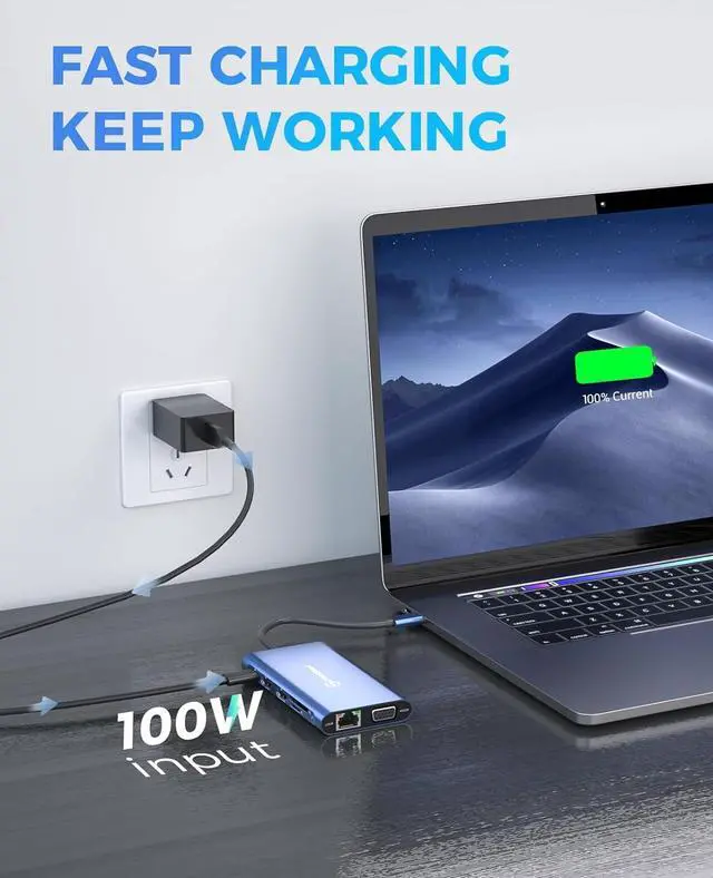 Alt view image 4 of 7 - UtechSmart Docking Station, Triple Monitors USB C Laptop Docking Station, 11-1 USB C Dock with 2 HDMI, VGA, PD3.0, SD TF Card Slot, 4 USB Ports USB-C Adapter Compatible for MacBook & Windows(Blue)
