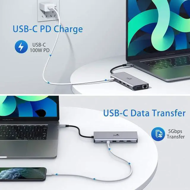 Alt view image 6 of 7 - USB C Laptop Docking Station Dual Monitor,14 in 1 Dual HDMI+VGA, 4K USB C Triple Display Docking Station,with Ethernet,3USB3.0,2 USB2.0,PD,USB C Port,SD/TF, Audio for MacBook/Dell/Lenovo/HP