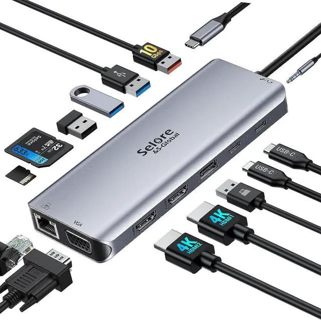 Main image of USB C Docking Station Dual Monitor,USB C Dual Monitor 2 HDMI Adapter,Triple Display 4K HDMI&VGA,10Gbps Data Transfer,14 in 1-3USB3.0&2USB2.0,Gigabit Ethernet,100W PD,SD/TF Card Reader,3.5mm Audio