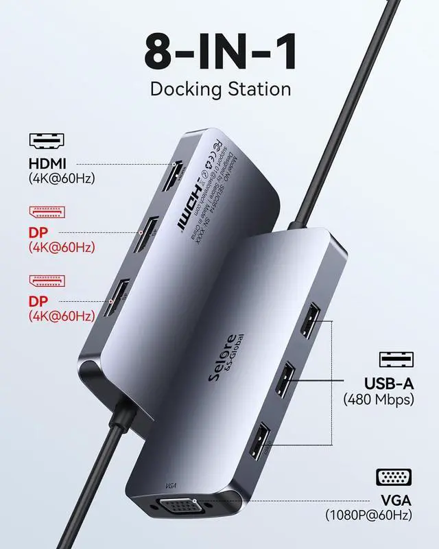 Alt view image 2 of 6 - USB C Docking Station Dual Displayport, Selore Laptop Docking Station Dual Monitor, USB C Hub with 2 DP, HDMI, VGA, 3*USB Port, Multi Monitor Adapter for , HP, Lenovo, etc