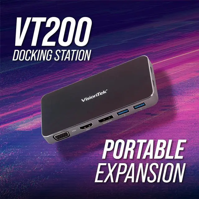 Alt view image 2 of 6 - VisionTek VT200 Portable USB-C Dual Monitor Hub - 1x DP, 1x HDMI, 1x VGA, 2X USB-A Ports, 1x USB-C for Windows/MacOS/ChromeOS/iOS
