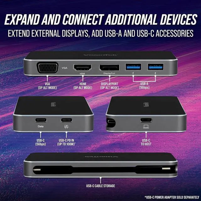 Alt view image 3 of 6 - VisionTek VT200 Portable USB-C Dual Monitor Hub - 1x DP, 1x HDMI, 1x VGA, 2X USB-A Ports, 1x USB-C for Windows/MacOS/ChromeOS/iOS