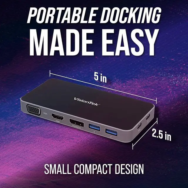 Alt view image 6 of 6 - VisionTek VT200 Portable USB-C Dual Monitor Hub - 1x DP, 1x HDMI, 1x VGA, 2X USB-A Ports, 1x USB-C for Windows/MacOS/ChromeOS/iOS