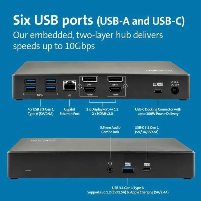 Alt view image 2 of 6 - Kensington SD4780P USB-C and Thunderbolt 3/4 Docking Station for Windows, MacBooks, Surface and Chromebooks  Dual 4K Video, 100W PD (K33620NA), 9.3 x 6 x 3.5 inches