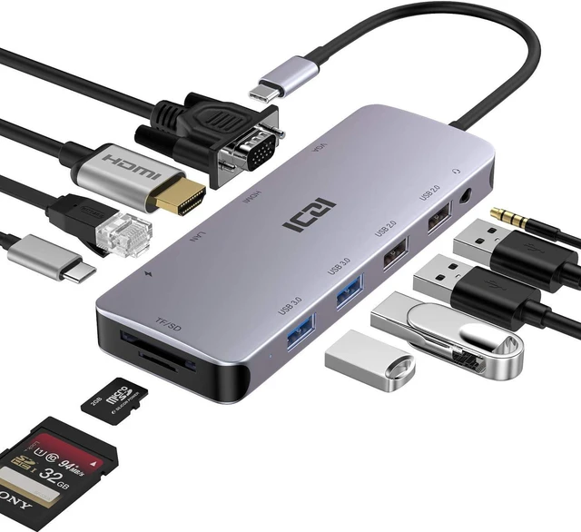 Main image of USB C Multiport Hub, ICZI 11 in 1 Type C Adapter with Ethernet Port, 4K HDMI, VGA, USB 3.0 Ports, 100W Power Delivery Charging, SD/TF Card Reader for MacBook Pro Air, Laptops, Logitech Webcam