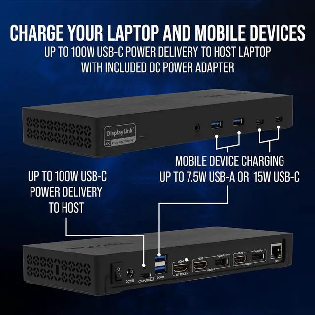 Alt view image 6 of 7 - VisionTek VT7400 USB-C Docking Station, 3X 4K Displays, 100W Power Delivery, 3X HDMI, 2X DP, 4X USB, 2X USB-C, for Windows and MAC (Including M1 /M2) - 901502