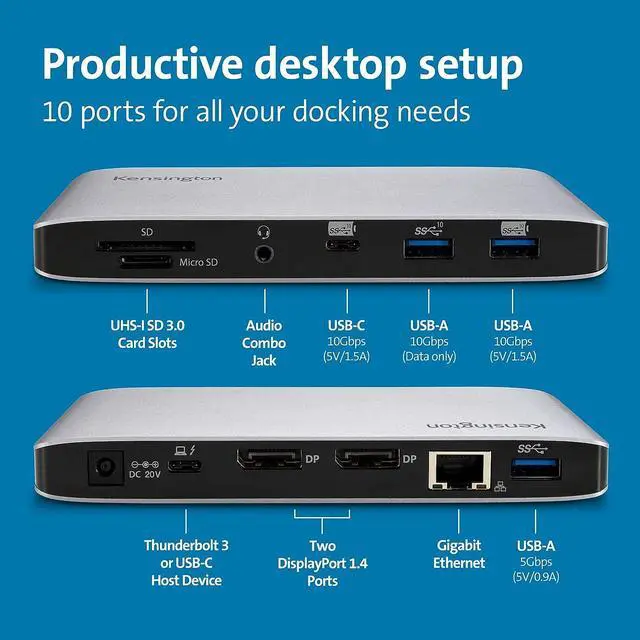 Alt view image 2 of 7 - Kensington SD2480T Thunderbolt 3 and USB-C Dual 4K Docking Station with 60W PD, SD & Micro SD Card Reader, for Windows and MacBooks (K38410NA)