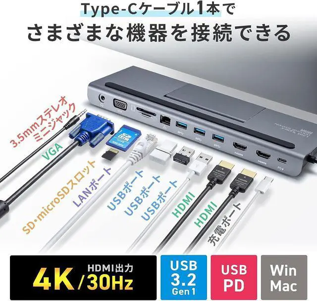 Alt view image 2 of 7 - Sanwa Supply USB-C VDK8 Docking Station/Hub USB Type-C Connection (HDMI/VGA Output Compatible), Type-C Female x 1 (PD 3.0, Charging Only), USB A Connector x 3, Female x 3, 3.5mm Stereo Mini Jack x