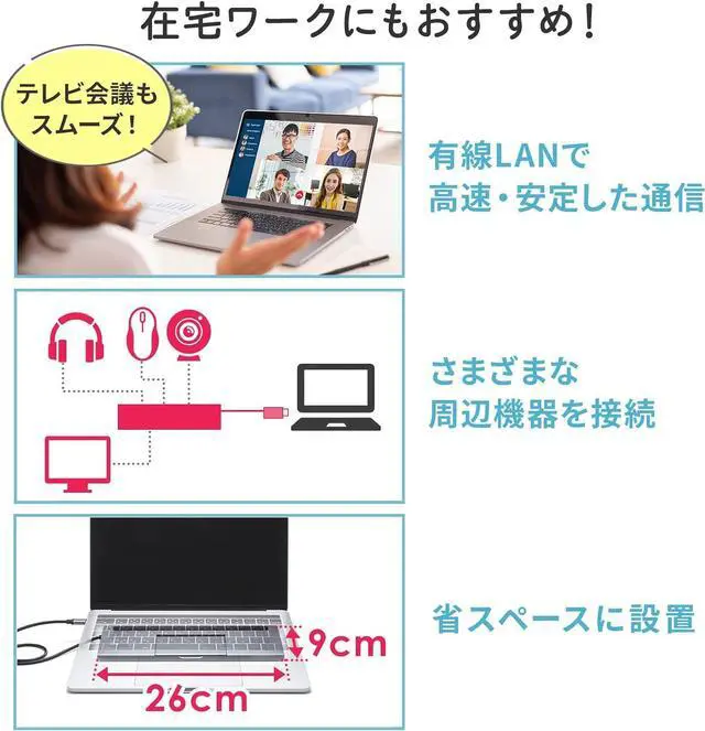 Alt view image 5 of 7 - Sanwa Supply USB-C VDK8 Docking Station/Hub USB Type-C Connection (HDMI/VGA Output Compatible), Type-C Female x 1 (PD 3.0, Charging Only), USB A Connector x 3, Female x 3, 3.5mm Stereo Mini Jack x
