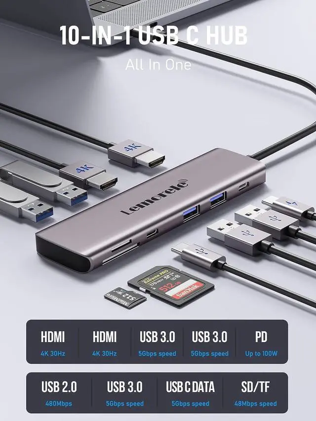 Alt view image 2 of 7 - Lemorele USB C to Dual HDMI Adapter, 10-in-1 USB C Docking Station Dual Monitors for Windows, USB C Adapter with Dual HDMI, USB 3.0, 100W PD, USB-C Data,SD/TF for Dell XPS 13/15, Lenovo Yoga,etc