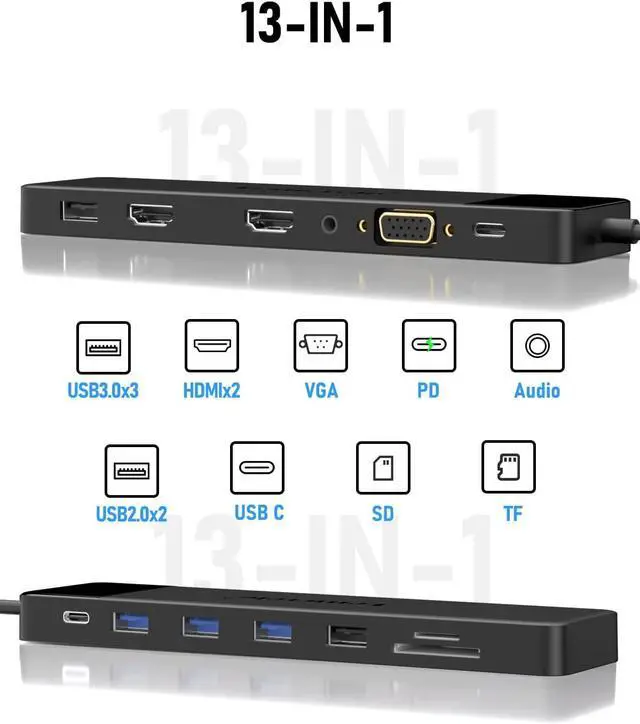 Alt view image 7 of 7 - 13 in 1 USB C Docking Station Triple Monitor w/Dual HDMI 4K VGA 5 USB 3.0/2.0 USB C 3.0 100W PD SD/TF 3.5mm Audio USB C Dock Multiport Adapter for  Surface  HP Laptops
