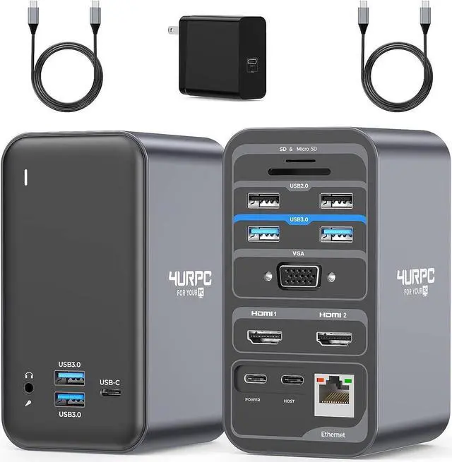 Main image of USB C Docking Station Dual Monitor, Dual HDMI USB C Dock, Laptop Docking Station with 2 HDMI Ports, VGA, 7 USB, 65W Power Adapter, Ethernet, SD/TF, Audio/Mic for Windows, and ChromeOS