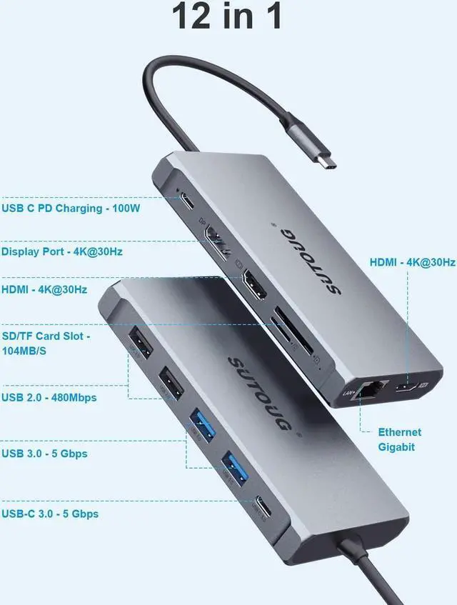 Alt view image 3 of 7 - 12 in 1 USB C Hub, Docking Station, Triple Displays Laptop Docking Station for MacBook Pro and Windows(2 HDMI, DP, 100W PD, SD/TF Card Reader, 3 USB 3.0 Ports), MAC OS only Support Mirror Mode