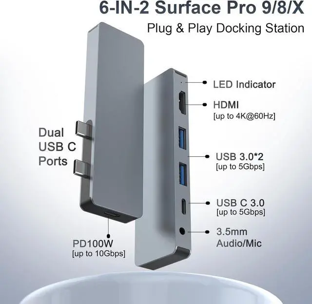 Alt view image 2 of 7 - Surface Pro 9/Pro 8/Pro X Docking Station, 6-in-2 Microsoft Surface Pro USB Hub Adapter with 4K@60HZ HDMI Display, 100W Thunderbolt 4 Port, 3*USB(5Gbps), 3.55mm Audio, Dock for Surface Pro Accessories