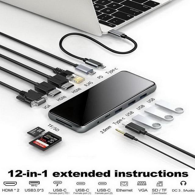 Alt view image 3 of 7 - USB C Laptop Docking Station Dual Monitor, 12 in 1 USB-C Triple Display Docking Station to Dual 4K HDMI+VGA Port+3 USB3.0+USB C 3.0+SD/TF+PD 100W+Ethernet+3.5mm Audio for Windows and Mac Laptops