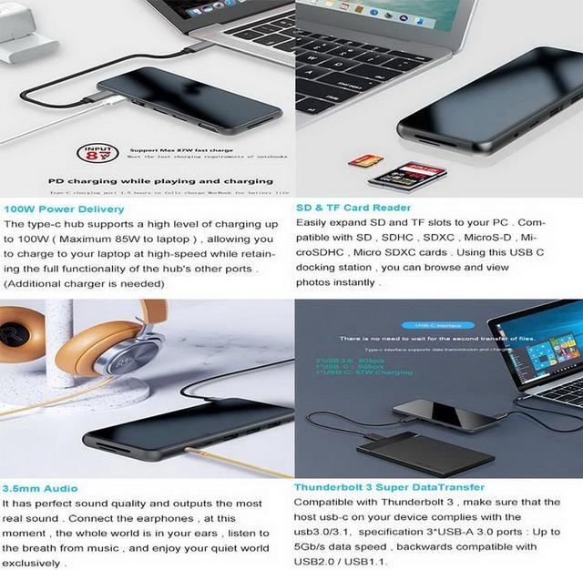 Alt view image 7 of 7 - USB C Laptop Docking Station Dual Monitor, 12 in 1 USB-C Triple Display Docking Station to Dual 4K HDMI+VGA Port+3 USB3.0+USB C 3.0+SD/TF+PD 100W+Ethernet+3.5mm Audio for Windows and Mac Laptops