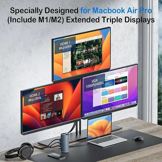 Alt view image 2 of 6 - Aitek MacBook M1/M2 Docking Station: 15-in-2 for Dual USB C MacBook Pro/Air Multiple Laptop Dock with Triple Display 2 * 4K HDMI One VGA Monitor Multi USB A/C 3.2 10Gbps Ports PD 100W