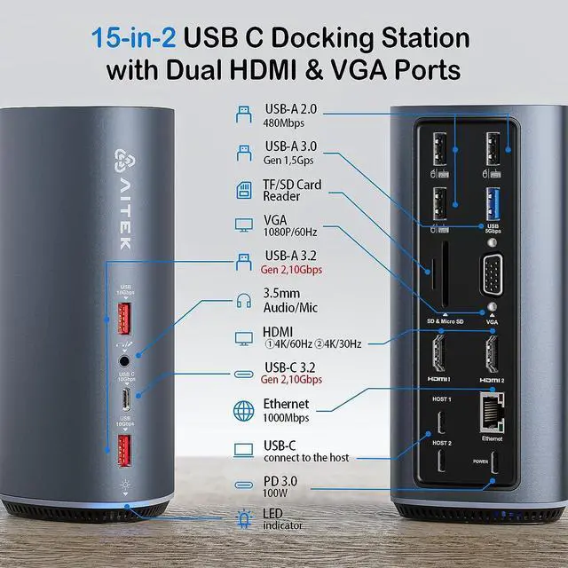 Alt view image 3 of 6 - Aitek MacBook M1/M2 Docking Station: 15-in-2 for Dual USB C MacBook Pro/Air Multiple Laptop Dock with Triple Display 2 * 4K HDMI One VGA Monitor Multi USB A/C 3.2 10Gbps Ports PD 100W