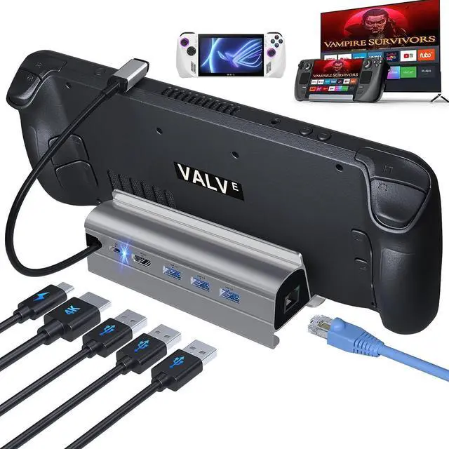 Main image of Docking Station for Steam Deck ROG Ally, 6 in 1 Stream Deck Dock with HDMI 2.0 4K@60Hz, 1000Mbps Gigabit Ethernet, 3 USB-A 3.0 and Full Speed Charging USB-C Port Compatible with Valve Steam Deck