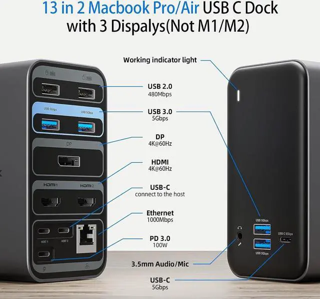 Alt view image 2 of 5 - Aitek USB C Docking Station: 13-in-2 MacBook Pro/Air Laptop Dock with Triple 4K@60Hz Display Dual HDMI One DP Monitor RJ45 Ethernet 3.5mm Audio Multi USB A/C Ports 3.0 PD 100W Charging