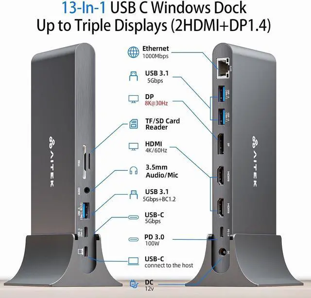 Alt view image 3 of 7 - Aitek USB C Docking Station: 13-in-1 Windows Universal Laptop Dock with Triple Display Dual 4K@60Hz HDMI One 8K DP Monitor RJ45 Ethernet Multi USB A/C 3.0 Ports PD 100W SD Card Reader DC Power Supply