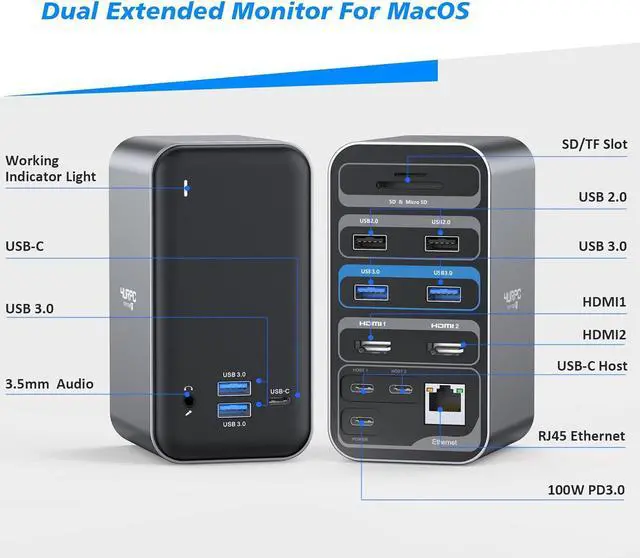 Alt view image 7 of 7 - 4URPC MacBook Pro Docking Station Dual Monitor HDMI 4K, 14-IN-2 USB C Triple Display Laptop Docking Station for MacBook Pro Air - 2x 4K HDMI, 6xUSB, SD TF Reader, RJ45 Ethernet, 3.5mm Audio/Mic, PD3.0