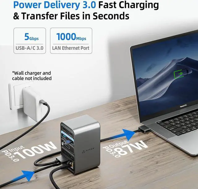 Alt view image 4 of 5 - Aitek USB C Docking Station: 13-in-2 MacBook Pro/Air Laptop Dock with Triple 4K@60Hz Display Dual HDMI One DP Monitor RJ45 Ethernet 3.5mm Audio Multi USB A/C Ports 3.0 PD 100W Charging