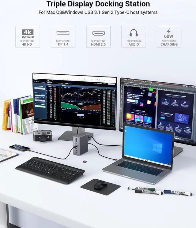 Alt view image 4 of 7 - 16 in 1 and 16 in 1 Docking Station, Triple Display with 4K@60Hz DP, HDMI, LAN, 3.5mm Audio&Mic, SD&TF Card Reader, 60W PD