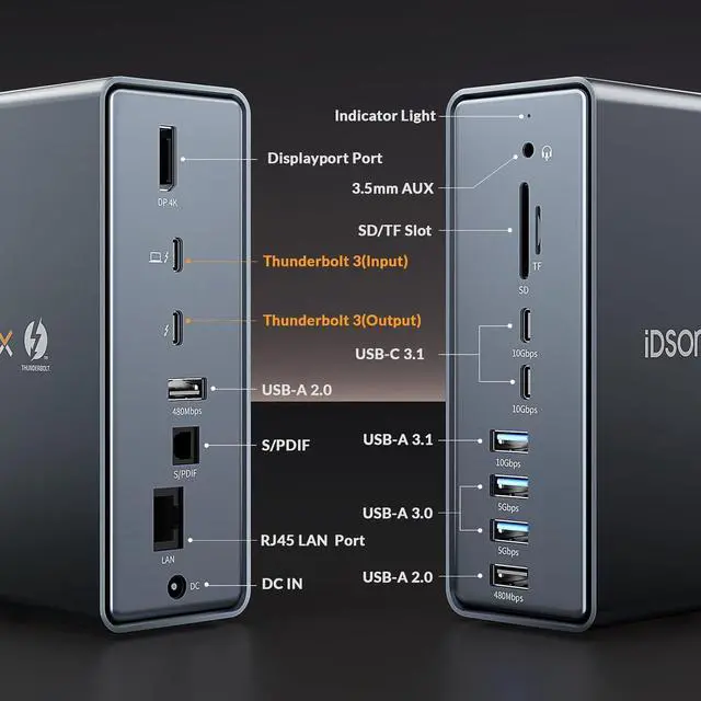 Alt view image 2 of 7 - iDsonix Thunderbolt 3 Dock for MacBook, 15 in 1 Thunderbolt 3 Docking Station Dual Monitor for Laptop with Thunderbolt 3 Port, HDMI 4K, USB A/C, 1000M Ethernet, 65W Power Adapter