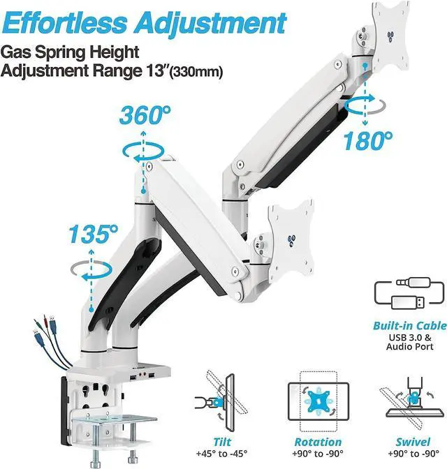 Alt view image 7 of 7 - AVLT Dual 13"-43" Monitor Arm - Desk Mount for Two Flat/Curved Monitors - Full Motion Height Swivel Tilt Rotation Adjustable - White/VESA/C-Clamp/Grommet/Cable Management