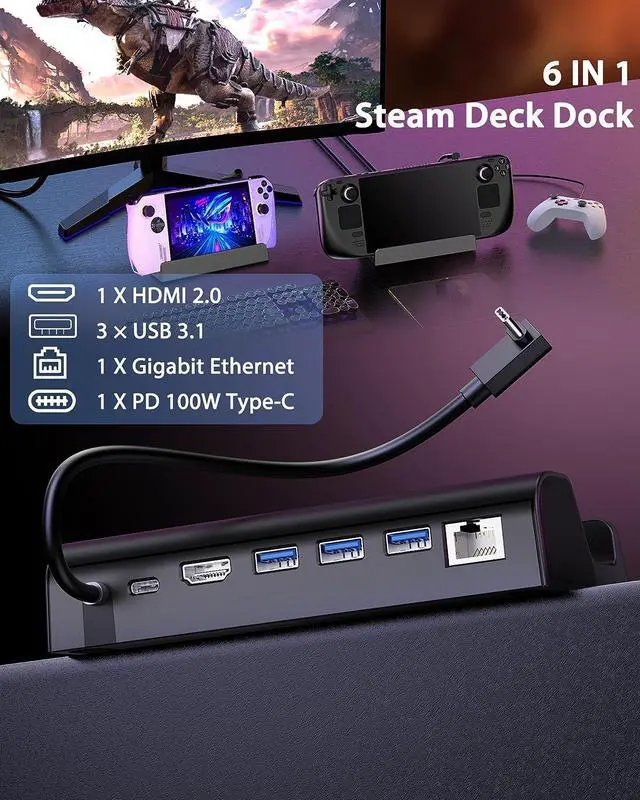Alt view image 2 of 6 - 6-in-1 Docking Station Compatible with Steam Deck/ROG Ally, Antank Steam Deck Dock with HDMI 2.0 4K@60Hz Gigabit Ethernet, 100W PD Charging and 3 USB-A 3.0 USB-C Port for Valve Steam Deck OLED