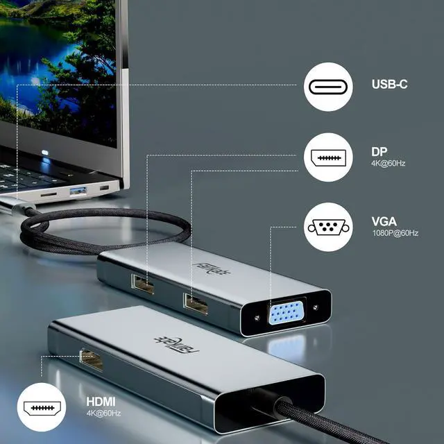 Alt view image 6 of 7 - USB C Docking Station Dual Monitor Display Port Splitter, 4in1 USB-C to Dual DisplayPort Hub HDMI VGA Multiport Adapter 4K